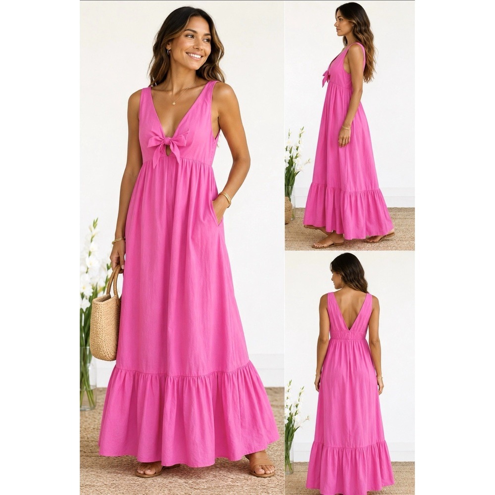 NEW! JL Luxe Cotton Maxi Summer Dress Hot Pink SZ M